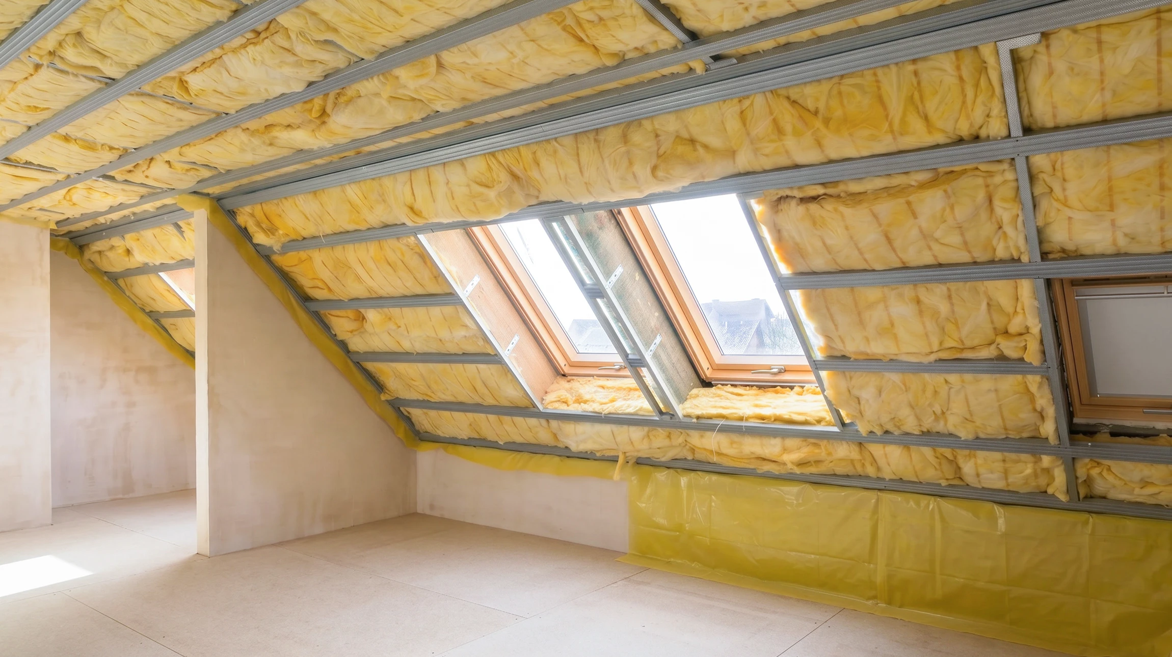 Ouvrier en combinaison orange installant de l'isolation thermique dans les combles d'une habitation